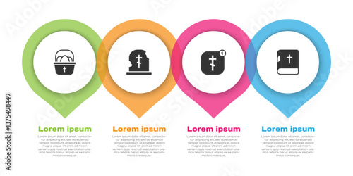 Set Basket with easter eggs, Grave tombstone, Online church pastor preaching and Holy bible book. Business infographic template. Vector