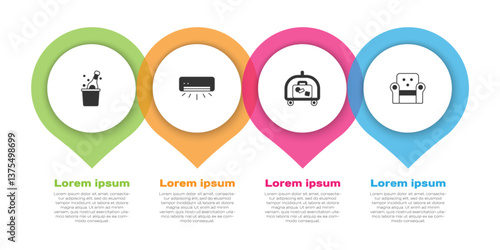 Set Bottle of champagne, Air conditioner, Hotel luggage cart and Armchair. Business infographic template. Vector