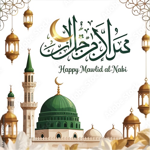 Wallpaper Mural Elegant Mawlid al-Nabi Celebration Design Featuring Islamic Calligraphy Green Dome Crescent Moon Lanterns Mosque Minaret the Birth of Prophet Muhammad Perfect for Religious Events Festive Greetings Torontodigital.ca