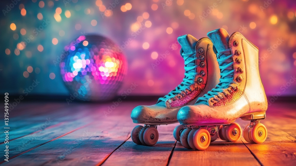 Fototapeta premium A nostalgic scene of well-loved roller skates next to a disco ball on a wooden surface, reflecting the 70s roller disco era.