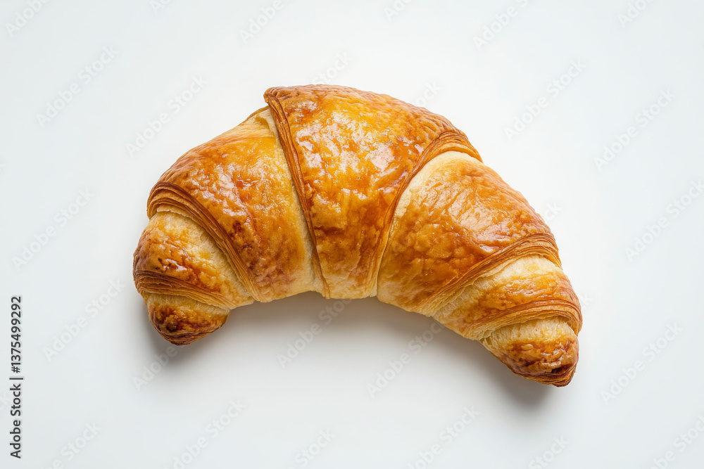 Golden, flaky croissant on white background, showcasing its buttery layers and inviting texture. Perfect for breakfast or delightful snack Golden, flaky croissant on white background, showcasing its buttery layers and inviting texture. Perfect for breakfast or delightful snack