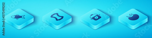 Set Isometric Fish, Leather, Tomato and Vegan food diet icon. Vector