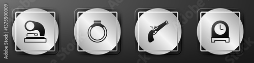 Set Old gramophone, Gold ring, Vintage pistol and Antique clock icon. Silver square button. Vector