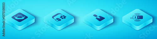 Set Isometric Telephone handset, Headphoneswith settings, Mobile and Employee icon. Vector