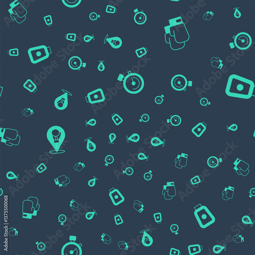Set Stopwatch, Boxing glove, and training paws on seamless pattern. Vector
