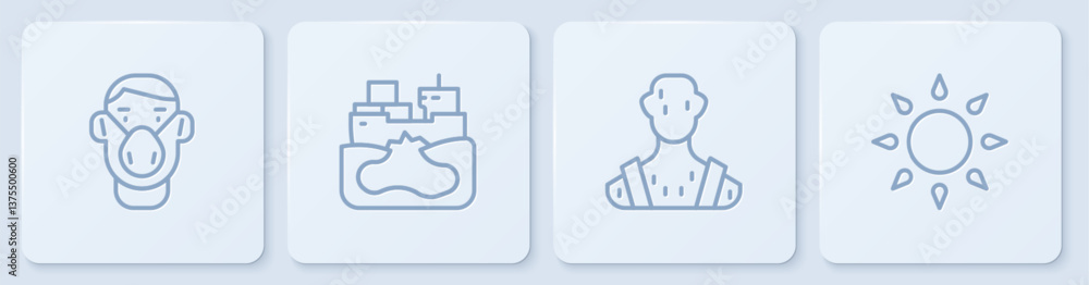 Set line Face in protective mask, High human body temperature, Wrecked oil tanker ship and Sun. White square button. Vector Set line Face in protective mask, High human body temperature, Wrecked oil tanker ship and Sun. White square button. Vector