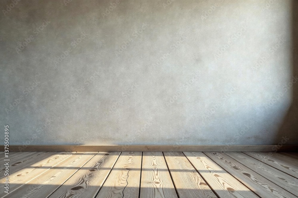 Fototapeta premium Empty Room Interior with Light Streaming Across Wooden Floor and Neutral Wall