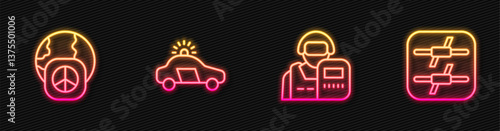 Set line Police officer, International day peace, car and flasher and Barbed wire. Glowing neon icon. Vector
