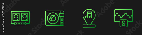 Set line Music note, tone, DJ remote and mixing music, Vinyl player with vinyl disk and wave equalizer. Gradient color icons. Vector