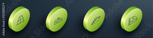 Set Isometric line Cruise ship, Tram and railway, Speedboat and Train icon. Vector