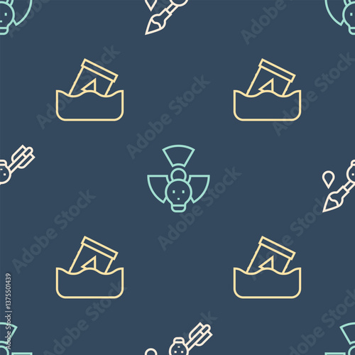 Set line Poison on the arrow, Radioactive waste in barrel and on seamless pattern. Vector
