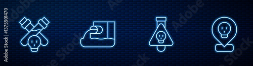 Set line Bottle with potion, Wastewater and Radioactive in location. Glowing neon icon on brick wall. Vector