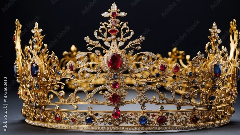 Obraz premium A luxurious golden crown adorned with red velvet and embellished with pearls and red gemstones.