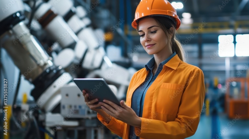 Female Engineer with Tablet Inspecting Robot in Factory