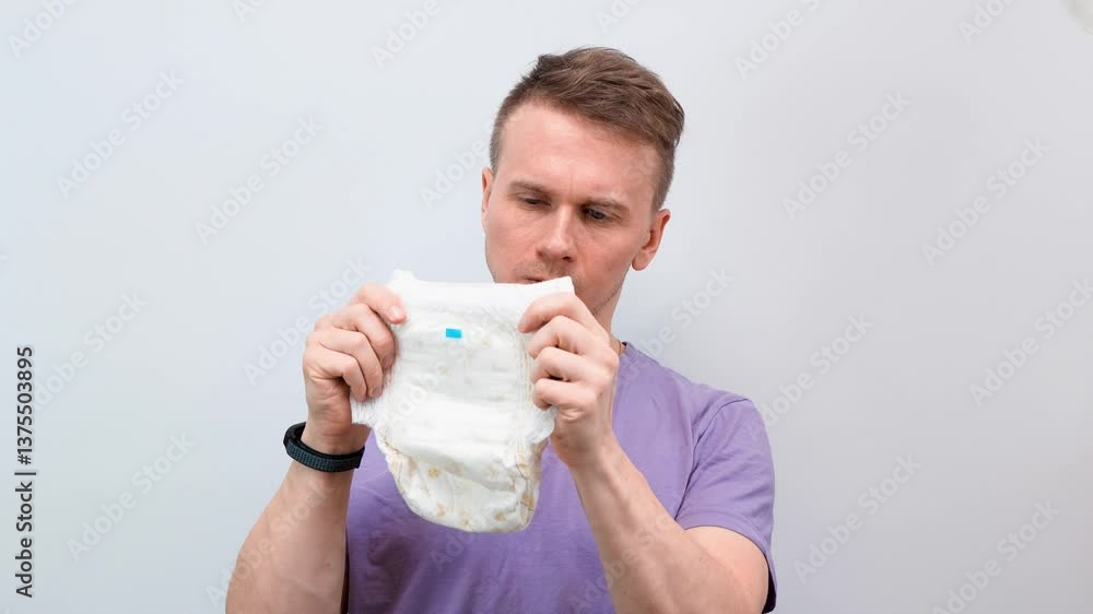 The man inexperienced father and he is considering a diaper, not understanding how to put it on properly, isolated background The man inexperienced father and he is considering a diaper, not understanding how to put it on properly, isolated background