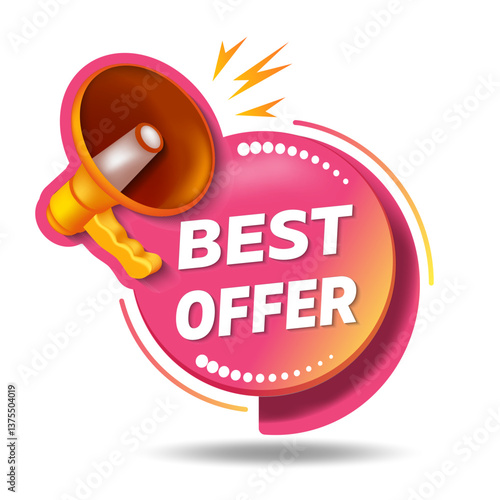 Best offer tag. Special promo sign. Logo design with megaphone and text. The loudspeaker screams best offer. Best offer, limited sale offer promo stamp with megaphone.	