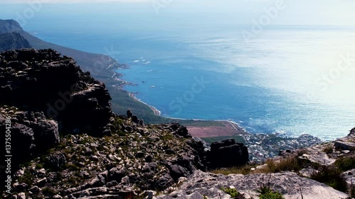 Scenic views from Table Mountain along Atlantic seaboard coastline, telephoto