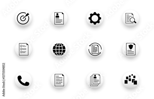 Solid vector icon set with document, profile, document refresh, data, contact icons.