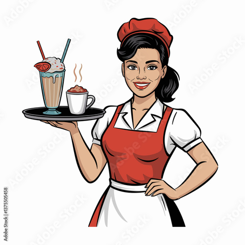 Retro Diner Waitress Holding Milkshake and Coffee Print