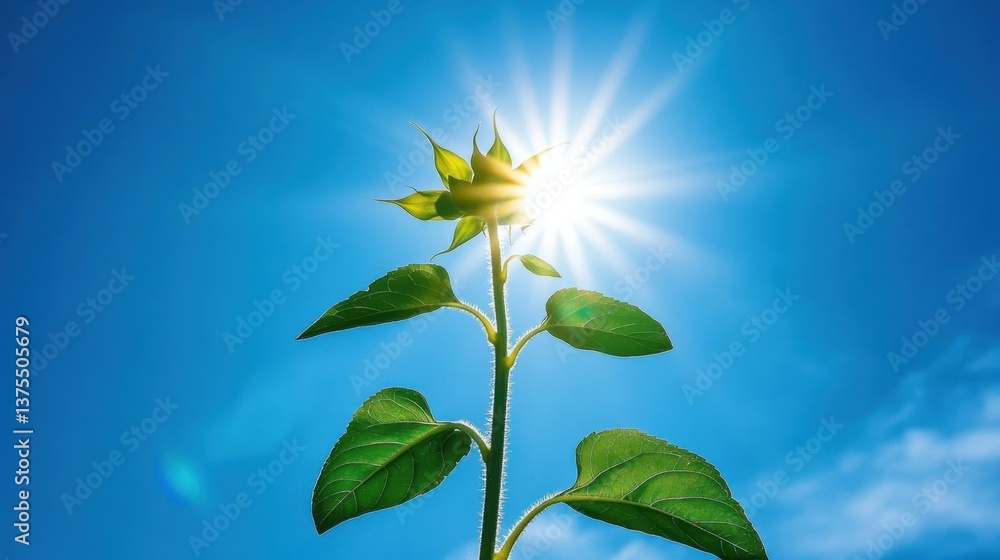 Obraz premium A sunflower reaching towards the sun with a soft blue sky, room for text.