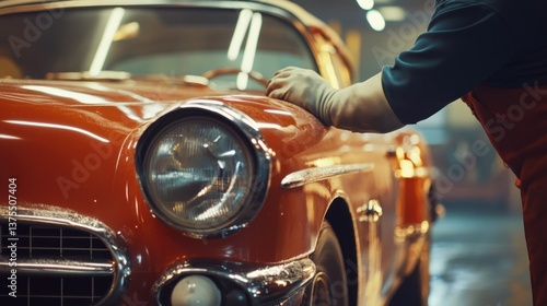 Wallpaper Mural A vintage car restoration scene with a person polishing a classic car, leaving space for text. Torontodigital.ca