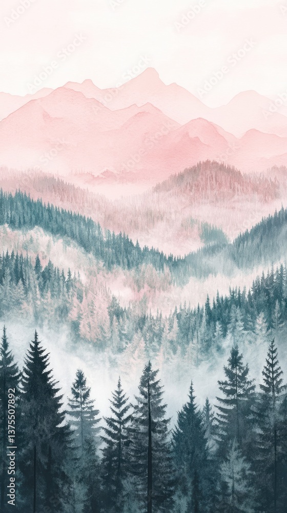 Fototapeta premium Watercolor of landscape forest misty mountains horizon and fog and hills,pine tree fir tree,Autumn forest background,drawn by hand,Autumn illustration design elements for landscape,wallpaper.