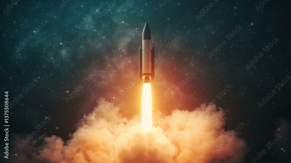 Fototapeta premium Rocket Launching into Space with Bright Flames and Smoke Against Starry Night Sky