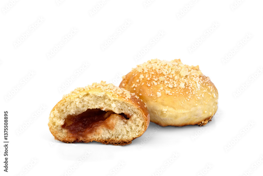 Yeast buns with apple jam isolated on white background. Yeast buns with apple jam isolated on white background.