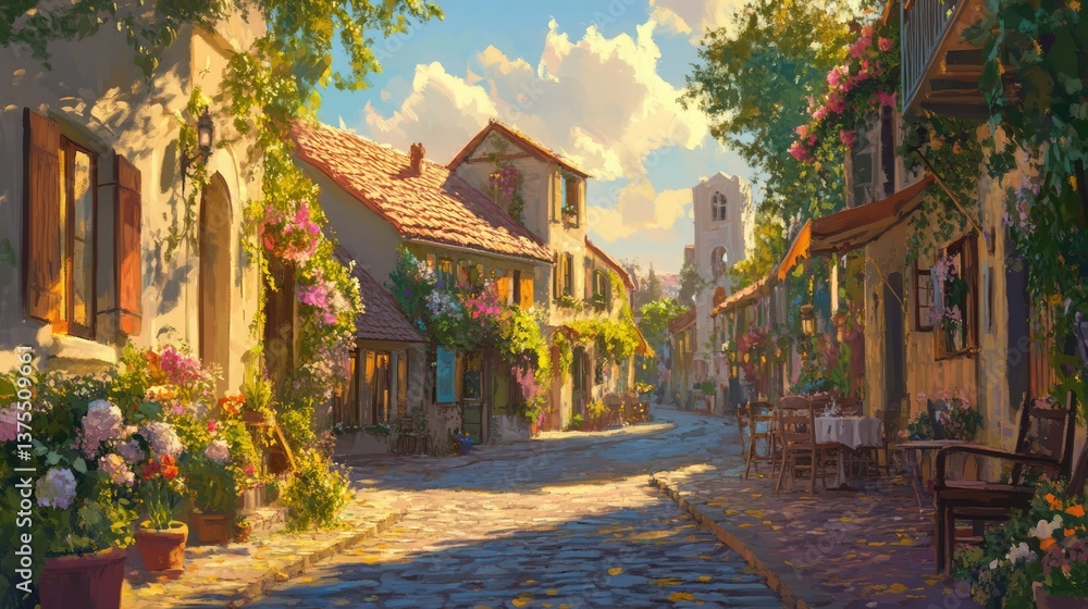 Fototapeta premium Narrow cobblestone street in a charming European village with yellow and beige stone buildings