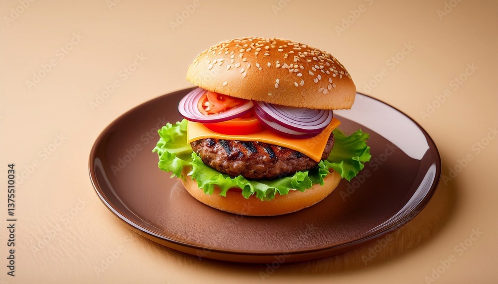 burger with cheese patty, lettuce, onion, tomato and cheese on a beautiful plate on a bright background burger with cheese patty, lettuce, onion, tomato and cheese on a beautiful plate on a bright background