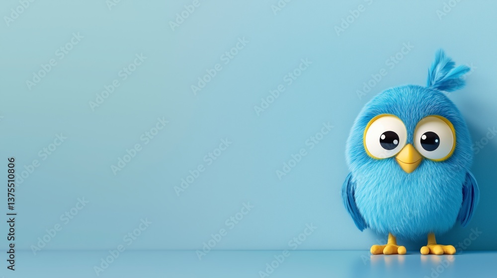 Fototapeta premium Adorable Blue Cartoon Owl Against Minimalist Light Blue Background