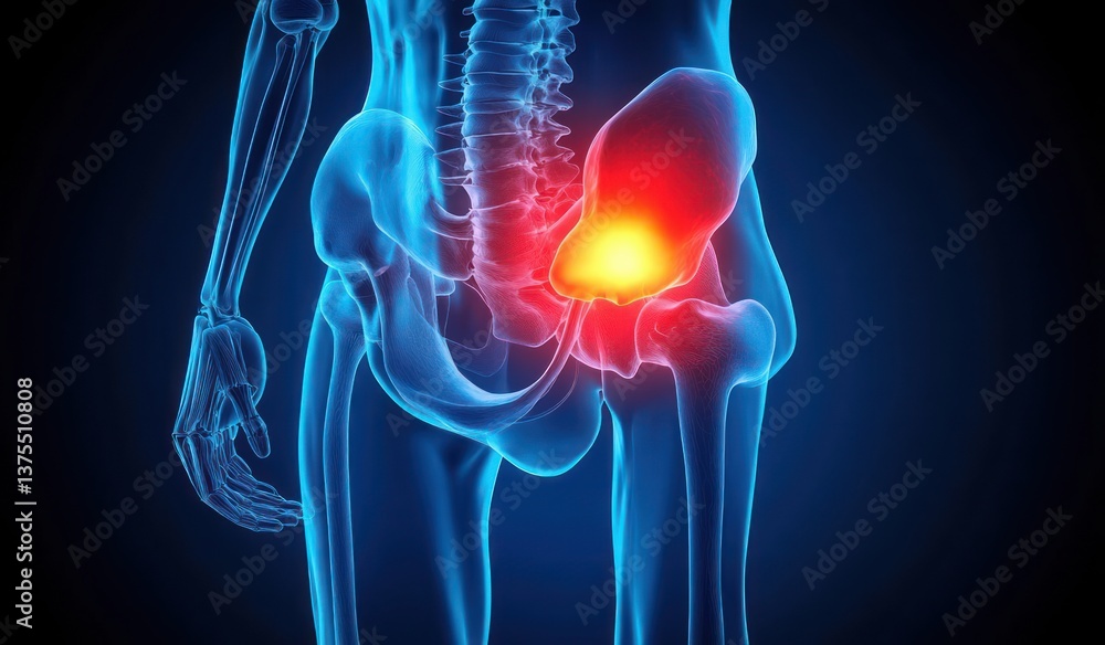 3D Medical Illustration of Hip Joint Inflammation Pain Human Anatomy Pelvis Skeleton 3D Medical Illustration of Hip Joint Inflammation Pain Human Anatomy Pelvis Skeleton