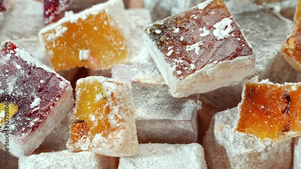 Sweet food Turkish delight, assorted rahat locum with nuts and powdered sugar
Sweet food Turkish delight, assorted rahat locum with nuts and powdered sugar
