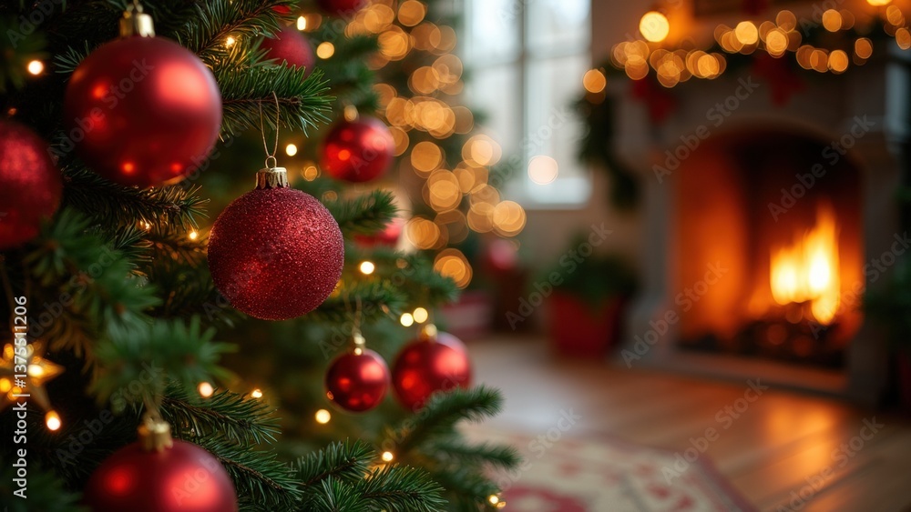 Christmas tree festive decorations, blurred background. New year setting Christmas tree festive decorations, blurred background. New year setting