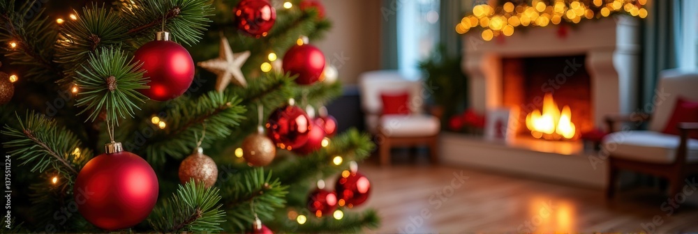 Christmas tree festive decorations, blurred background. New year setting Christmas tree festive decorations, blurred background. New year setting