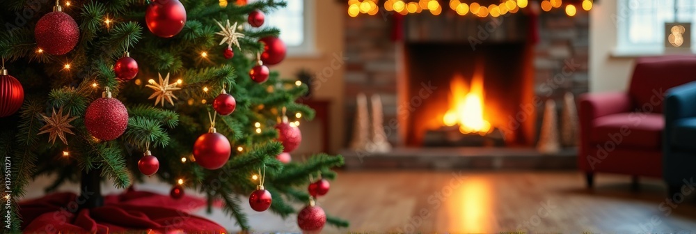 Christmas tree festive decorations, blurred background. New year setting Christmas tree festive decorations, blurred background. New year setting