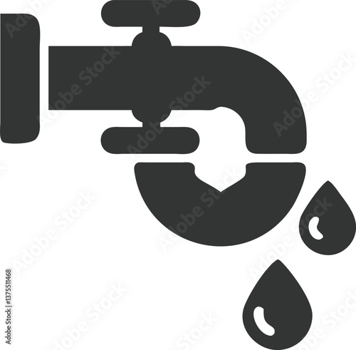 Faucet Valve Icon with Leaking Water Drops, Plumbing Fixture in Dark Gray, Simple Design