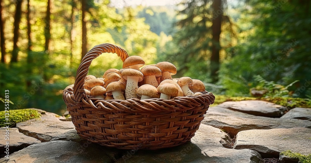 Fresh Porcini Mushrooms in Wicker Basket on Rustic Stone Table Surrounded by Lush Autumn Forest Fresh Porcini Mushrooms in Wicker Basket on Rustic Stone Table Surrounded by Lush Autumn Forest