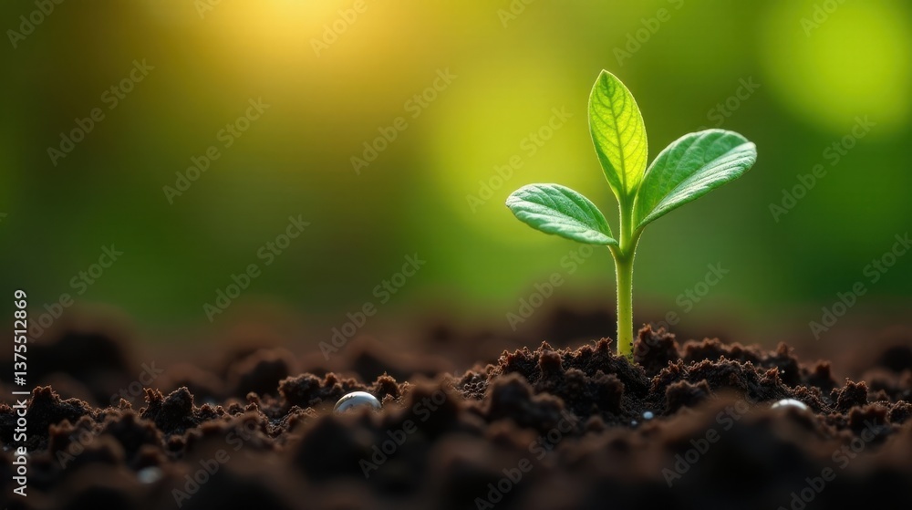 Naklejka premium A tiny sprout emerges from rich dark soil, bathed in the warm glow of sunlight, symbolizing new life and growth in a vibrant natural environment.