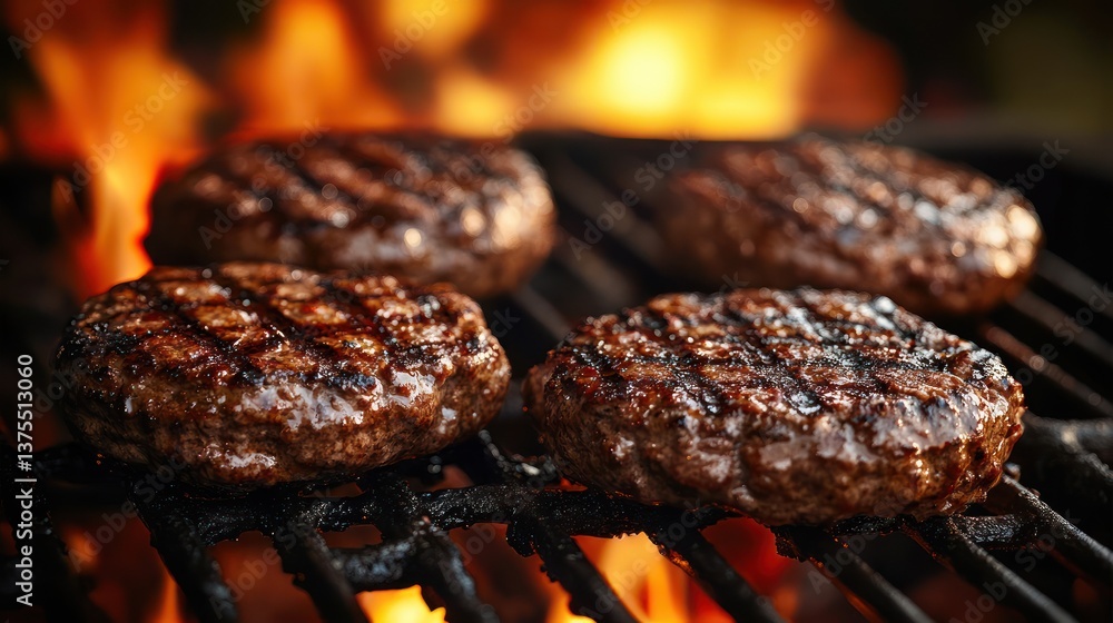 Grilled Beef Burgers Sizzling on Barbecue with Flames and Smoke for Summer Cookout Grilled Beef Burgers Sizzling on Barbecue with Flames and Smoke for Summer Cookout