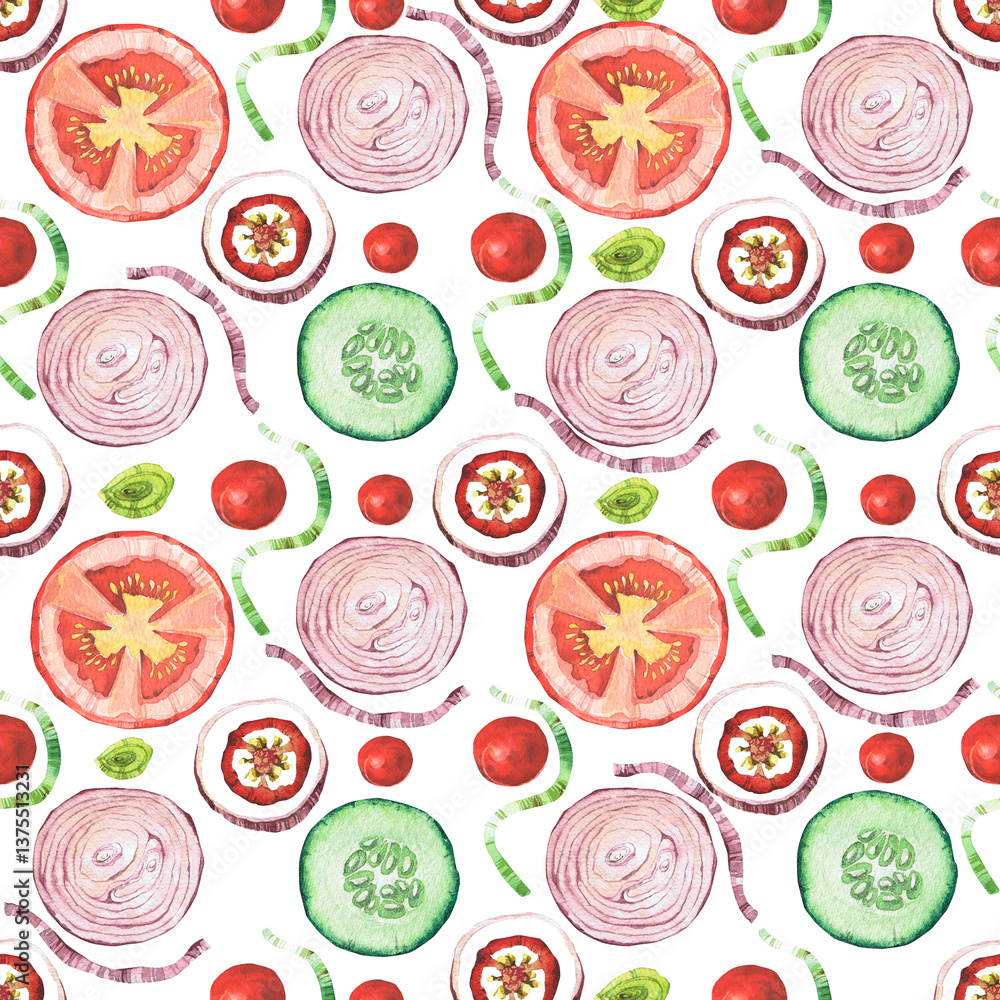 Watercolor seamless pattern with vegetables. Hand-drawn isolated clip art on a white background. Bright and juicy pictures of realistic vegetables for menus, signs, packaging, textiles, printed Watercolor seamless pattern with vegetables. Hand-drawn isolated clip art on a white background. Bright and juicy pictures of realistic vegetables for menus, signs, packaging, textiles, printed