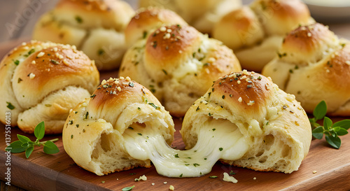 Garlic cheese rolls with herbs served on a rustic wooden cutting board providing a savory appetizer option for catering businesses or food blog marketing and recipe content.