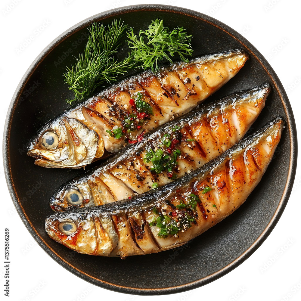 Extreme top view of an extremely perfect looking Pan-fried Mackerel in a dark ceramic plate isolated on a white transparent background Extreme top view of an extremely perfect looking Pan-fried Mackerel in a dark ceramic plate isolated on a white transparent background