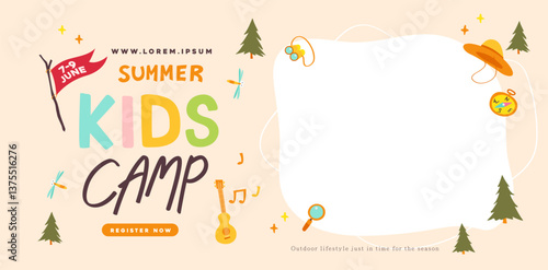 Summer camp for kids poster banner nature background with Summer camp adventure activities set