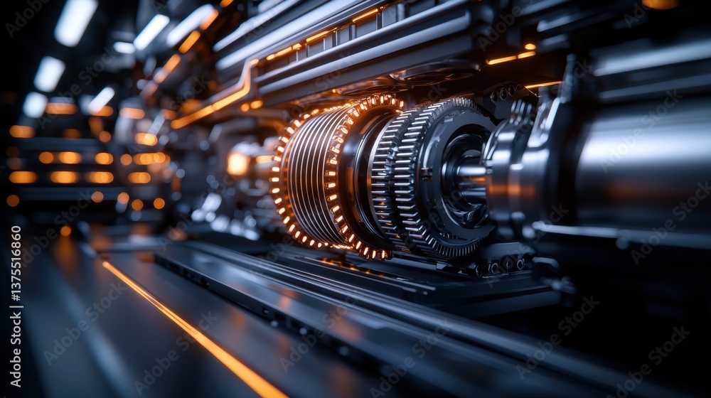 Obraz premium A close-up view of a complex mechanical system featuring gears and illuminated components, showcasing advanced engineering and design.