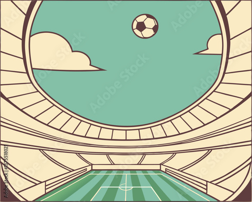 Vibrant Soccer Stadium Illustration with Ball and Sky Above.
