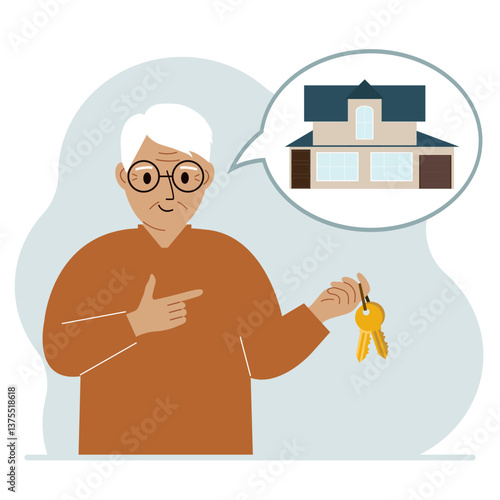 A old man holds the keys to the house, and in his thoughts a beautiful house. The concept of buying, renting, selling real estate. Vector flat illustration
