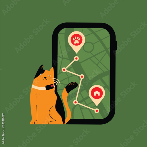 Cat wearing tractive GPS tracking device on collar for safety and adventure, animal health monitoring tag technology. Satellite pet tracker Collar with location detector application