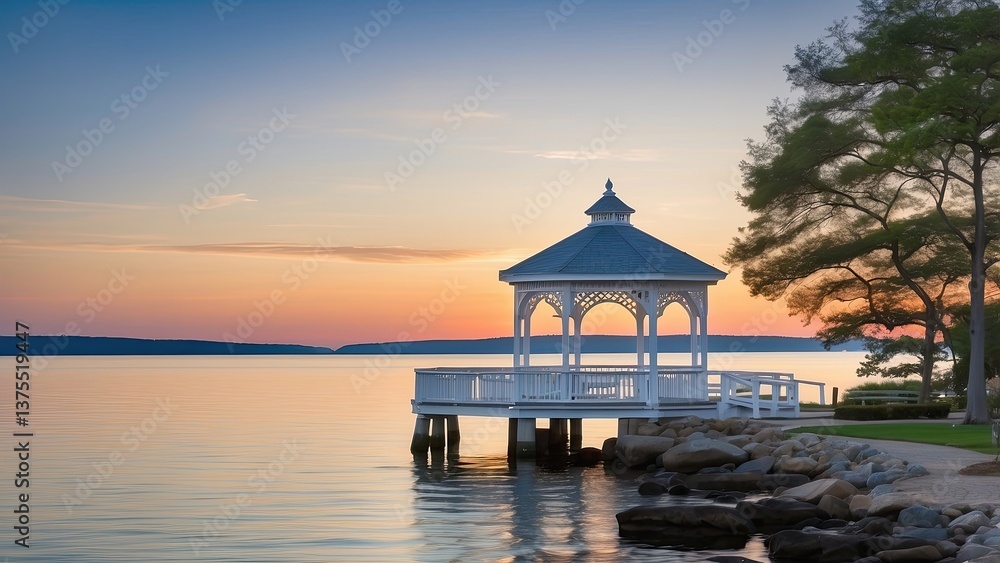 A picturesque waterfront scene at dusk featuring a white gazebo with a tiled roof, A picturesque waterfront scene at dusk featuring a white gazebo with a tiled roof,