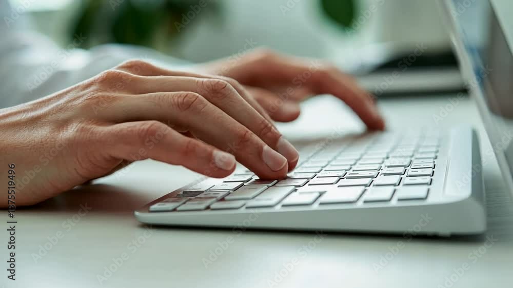 Close-up of hands typing on a wireless keyboard during work or communication Close-up of hands typing on a wireless keyboard during work or communication